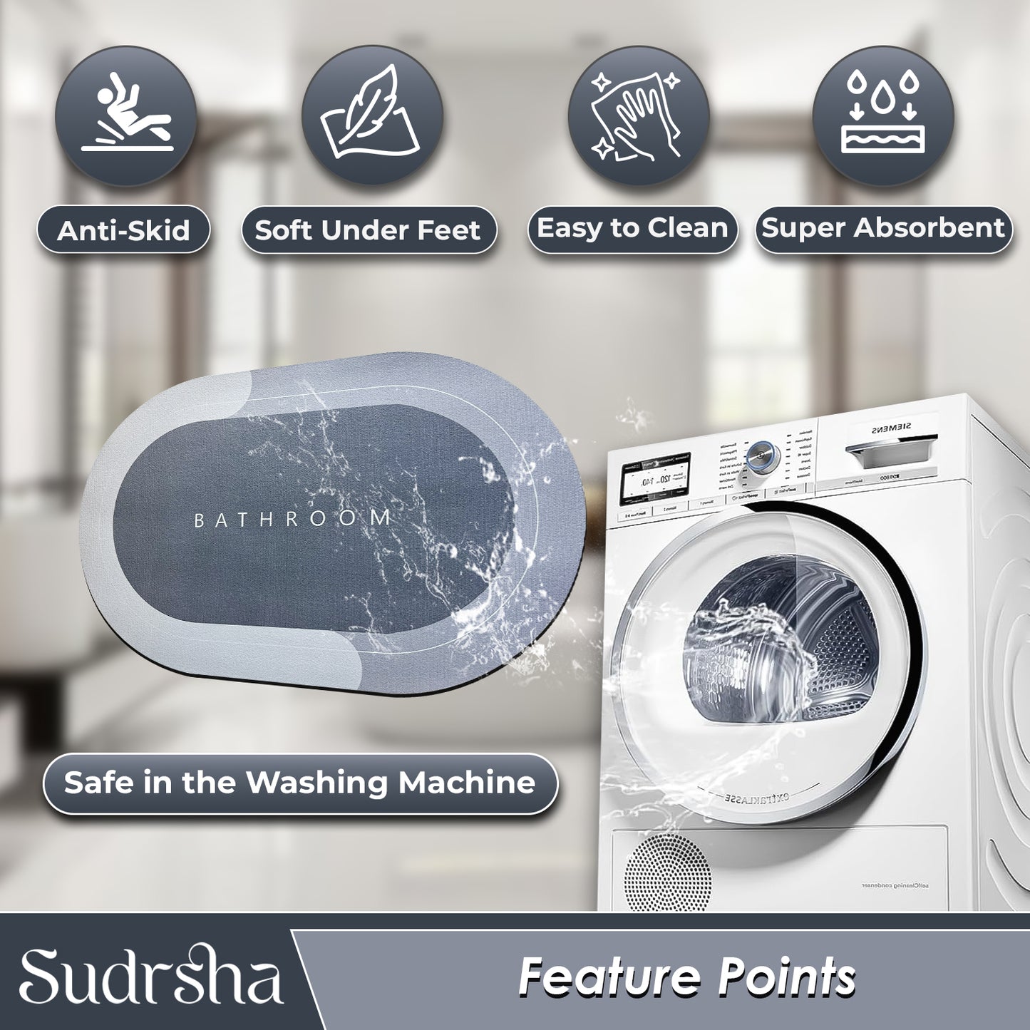 SUDRSHA Anti-Skid 3.5mm Grey Bath  Mat | Water Absorbent Door & Bathroom Floor Mat