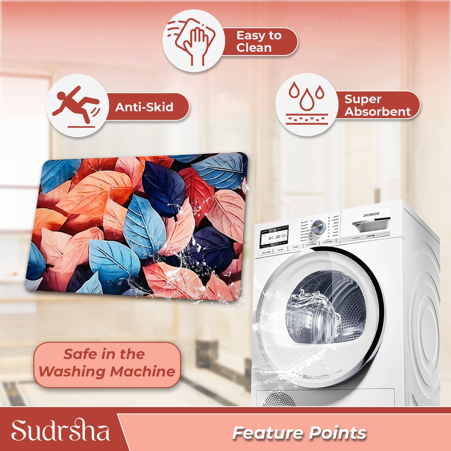 Sudrsha Anti-Skid 3D Flower Print Rubber Bath Mat – Water-Absorbent Pink leaf