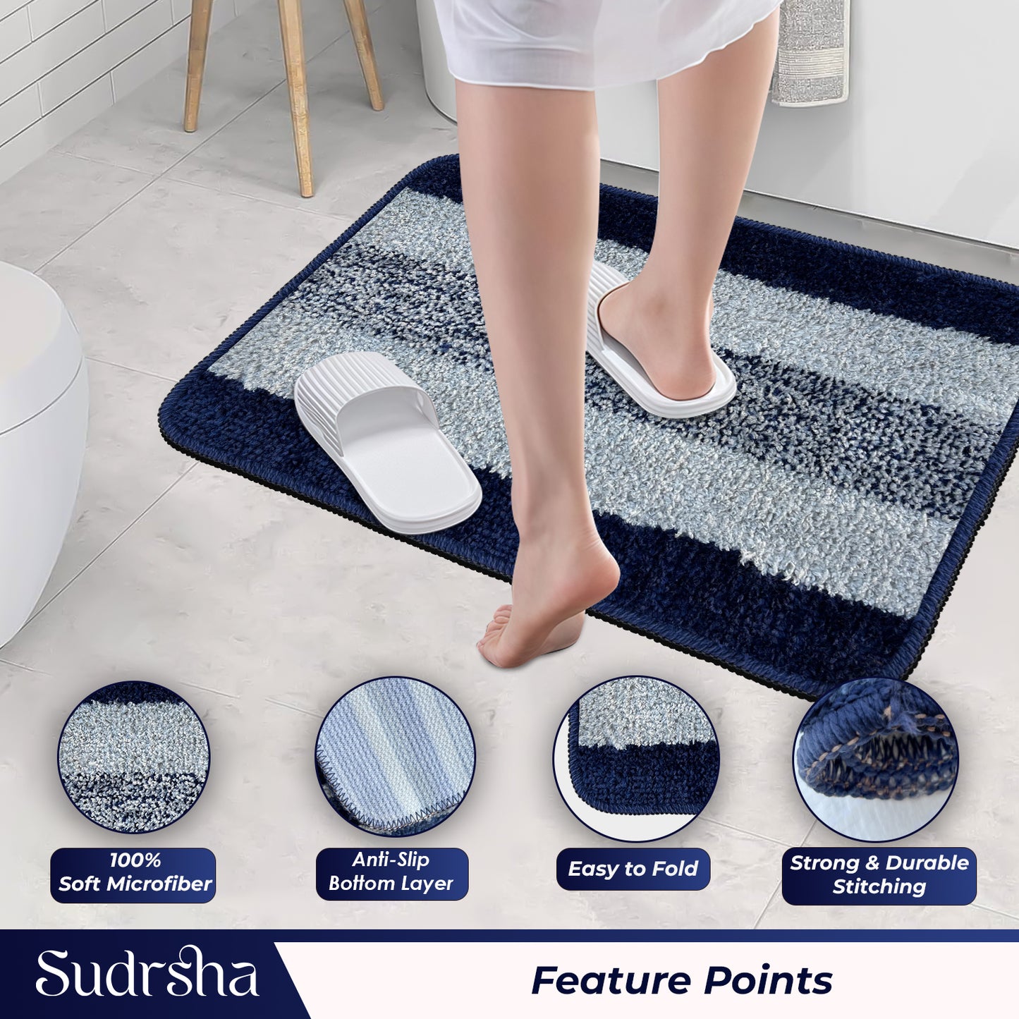 Rectangular Anti-Skid Microfiber Bathroom & Door Mat – Water Absorbent Soft Floor Rug  Blue