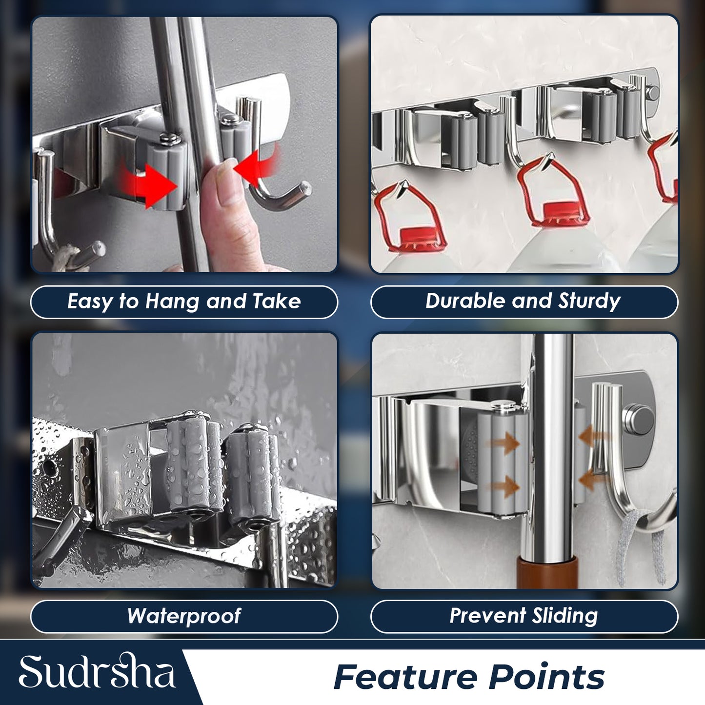Screw Wall Mounted  5 Slot Stainless Steel Mop and Broom Holder (5 racks and 5 Hooks)  (Silver)