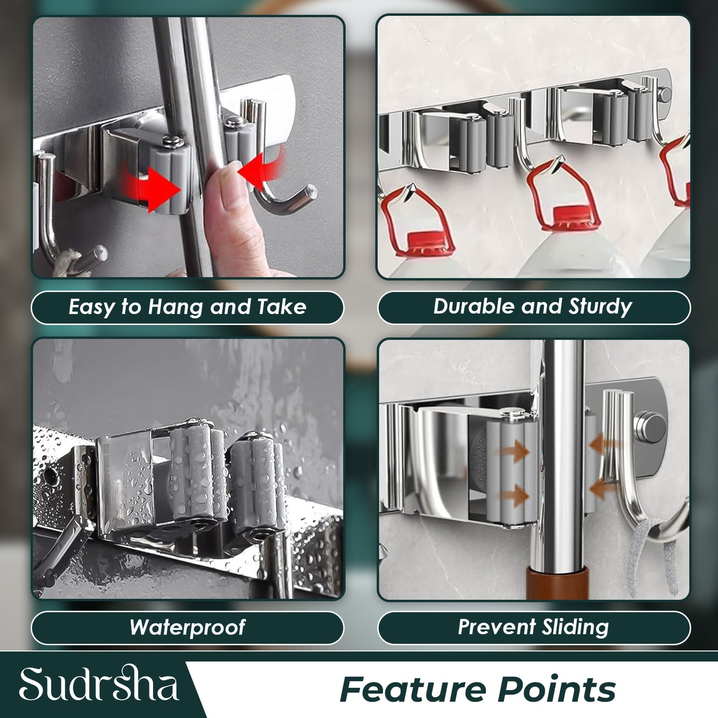 Screw Wall Mounted  4 Slot Stainless Steel Mop and Broom Holder, (4 racks and 4 Hooks) (Silver)