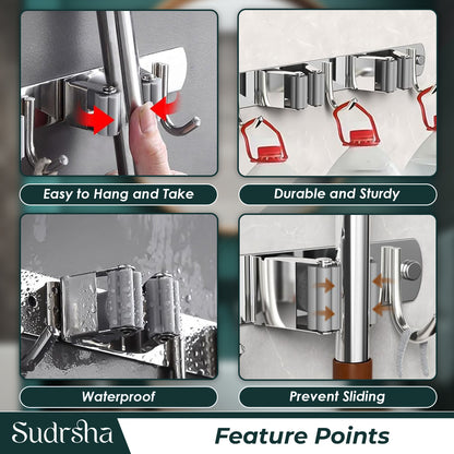 Screw Wall Mounted  4 Slot Stainless Steel Mop and Broom Holder, (4 racks and 4 Hooks) (Silver)