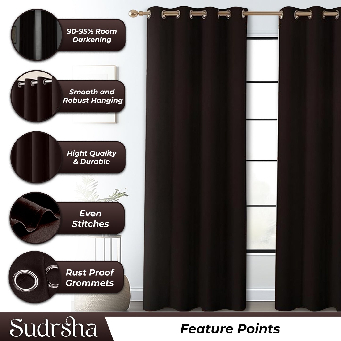 Sudrsha Blackout Long Door Curtain – 5 to 9 Feet | 90-95% Room Darkening, Thermal Insulated Plain Printed Curtain for Living Room & Bedroom(Brown)