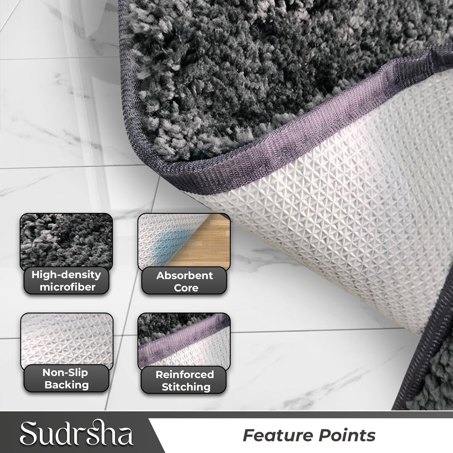 SITTELLA 1800 GSM Super Soft Microfiber Bath Mat – Extra Thick, Quick Dry & Anti-Skid Bathroom Rug for Bathroom & Home (Grey, Size: 40x60