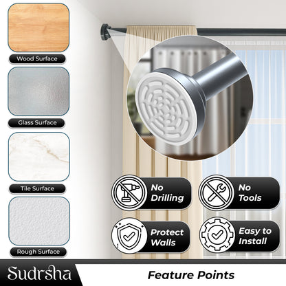 Sudrsha Stainless Steel Extendable Shower Grey Curtain Tension Rod – Non-Drilling, Anti-Skid Spring Pull Rod (85cm–140cm)