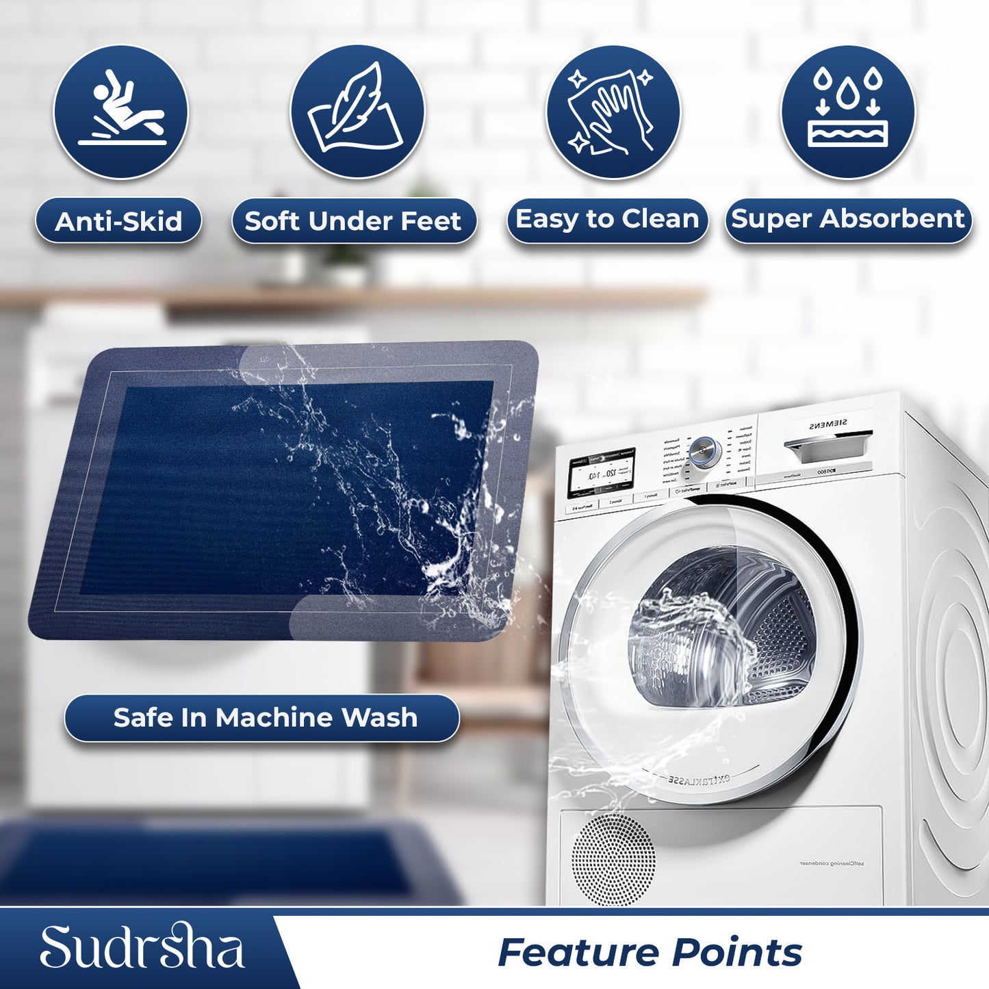 SUDRSHA Anti-Skid 3.5mm  | Water Absorbent Kitchen Mat Solid Blue