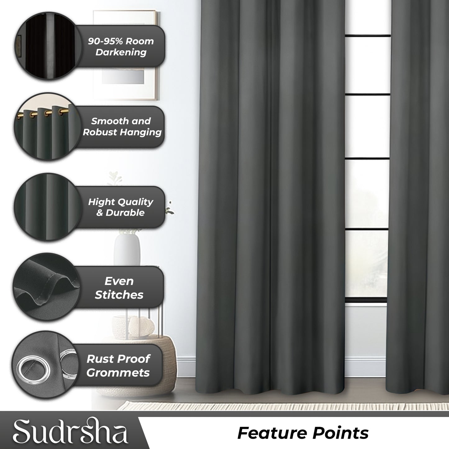 Sudrsha Blackout Long Door Curtain – 5 to 9 Feet | 90-95% Room Darkening, Thermal Insulated Plain Printed Curtain for Living Room & Bedroom(Grey)