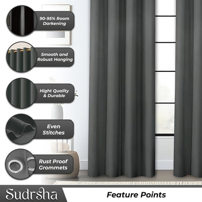 Sudrsha Blackout Long Door Curtain – 5 to 9 Feet | 90-95% Room Darkening, Thermal Insulated Plain Printed Curtain for Living Room & Bedroom(Grey)