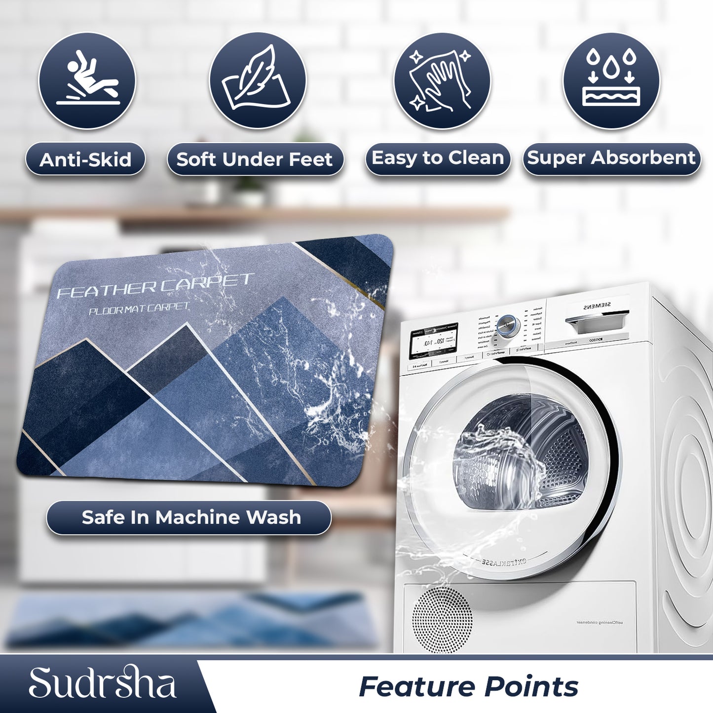 SUDRSHA Anti-Skid 3.5mm  | Water Absorbent Kitchen Mat (Feather Print)