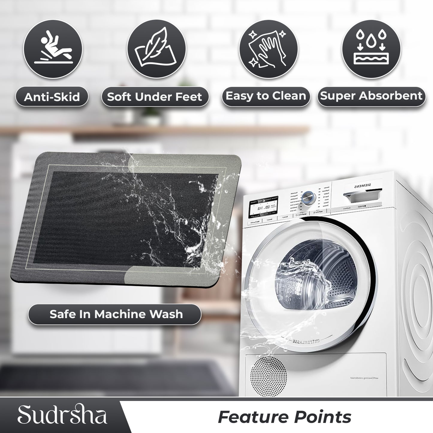 SUDRSHA Anti-Skid 3.5mm  | Water Absorbent Kitchen Mat Solid Grey