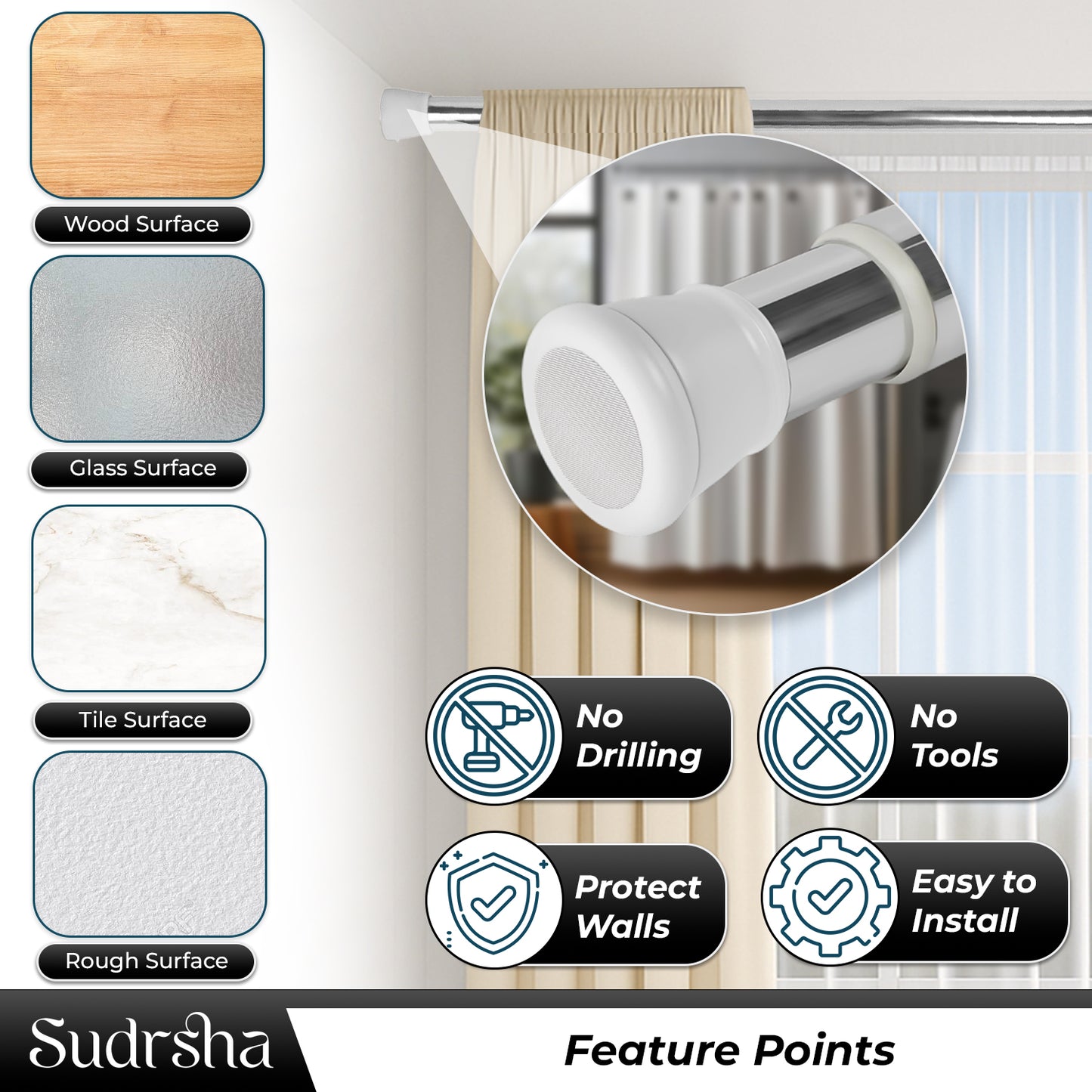 SUDRSHA (85Cm To 140Cm) White-Silver Extendable Shower Curtain Tension Rod Non-Drilling Anti-Skid Spring Pull Rod -Stainless Steel