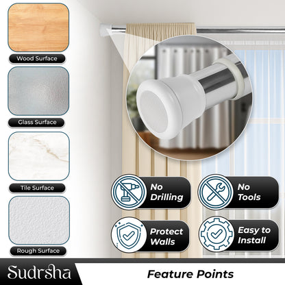 SUDRSHA (85Cm To 140Cm) White-Silver Extendable Shower Curtain Tension Rod Non-Drilling Anti-Skid Spring Pull Rod -Stainless Steel