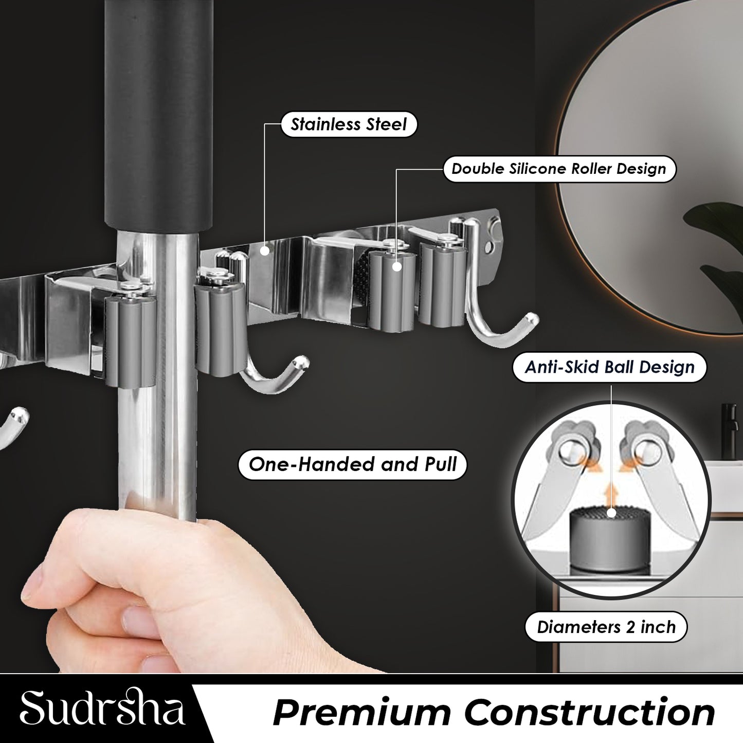 Screw Wall Mounted  3 Slot Stainless Steel Mop and Broom Holder, (3 racks and 3 Hooks) (Silver)