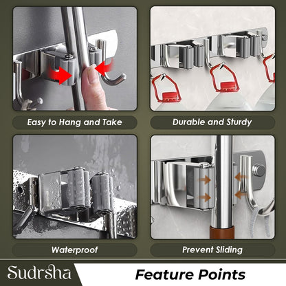 Screw Wall Mounted  2 Slot Stainless Steel Mop and Broom Holder, (2 racks and 2 Hooks) (Silver)