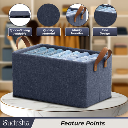Sudrsha Foldable Wardrobe Organizer Box (47×27×20 cm) | Durable Polystyrene Storage with Handle for Clothes, Toys & Blankets(Navy Blue)