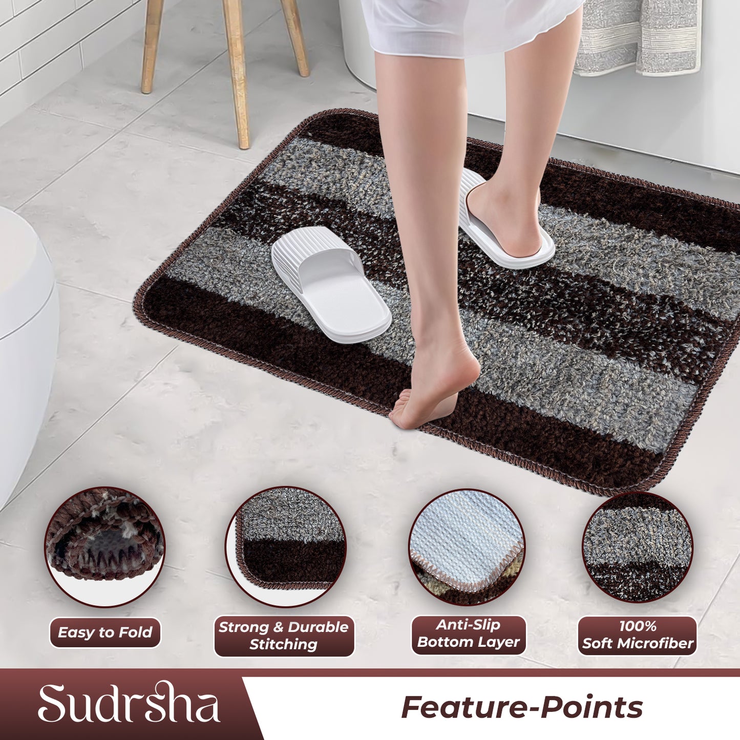 Rectangular Anti-Skid Microfiber Bathroom & Door Mat – Water Absorbent Soft Floor Rug  Brown