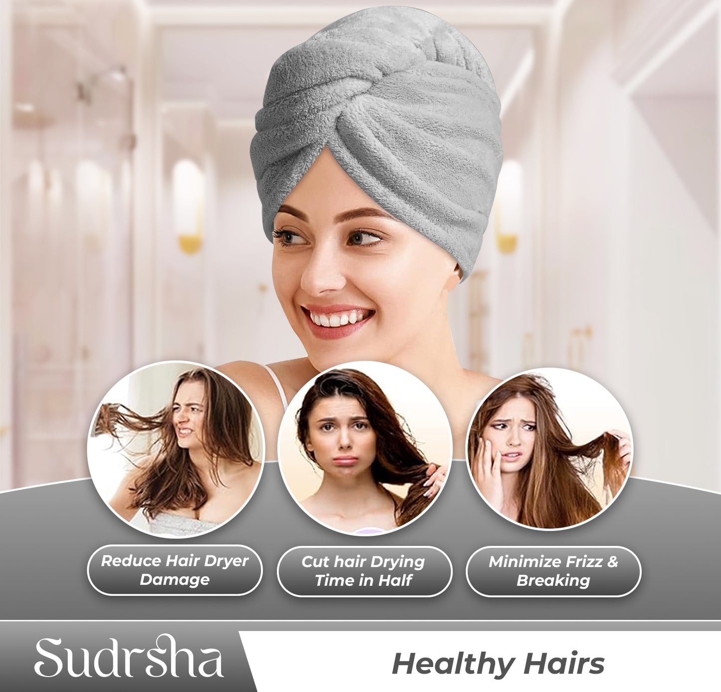 Sudrsha Microfiber (Grey)  Hair Towel Wrap for Women – Quick Drying, Super Absorbent with Elastic Loop