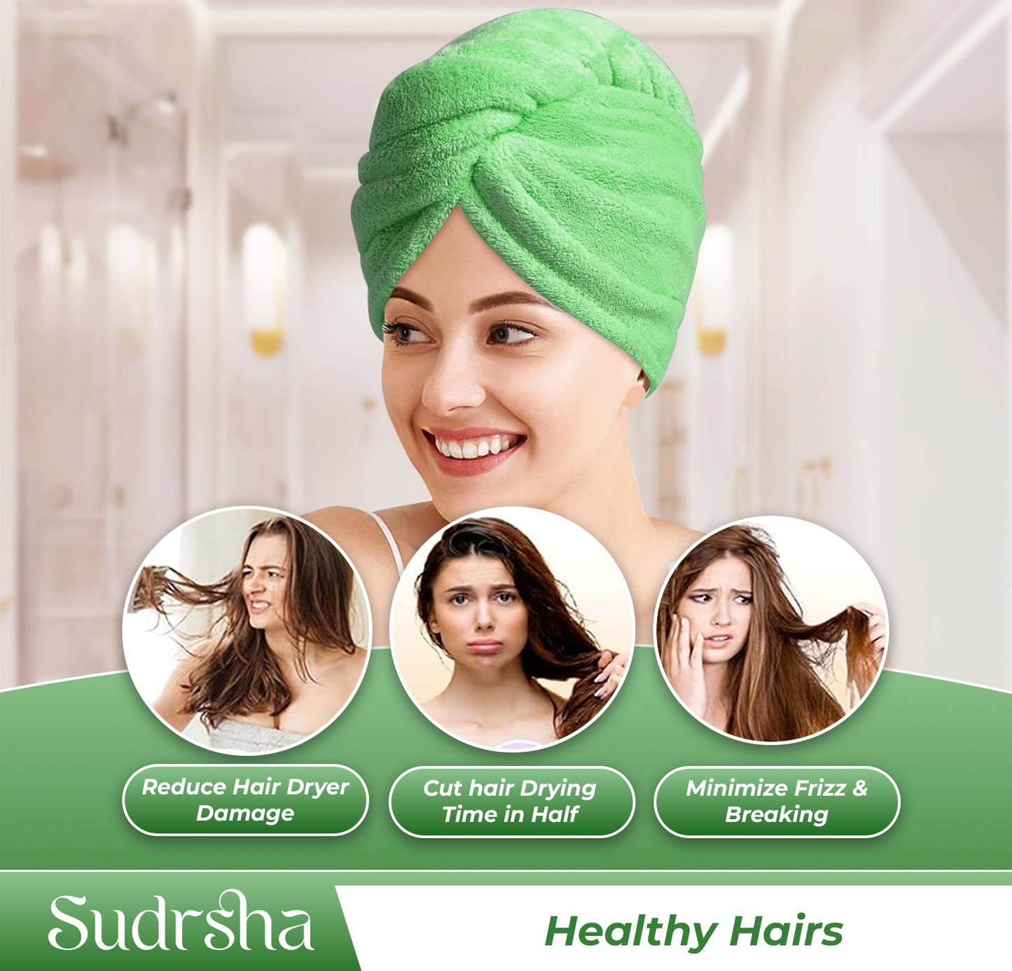 Sudrsha Microfiber (Green)  Hair Towel Wrap for Women – Quick Drying, Super Absorbent with Elastic Loop
