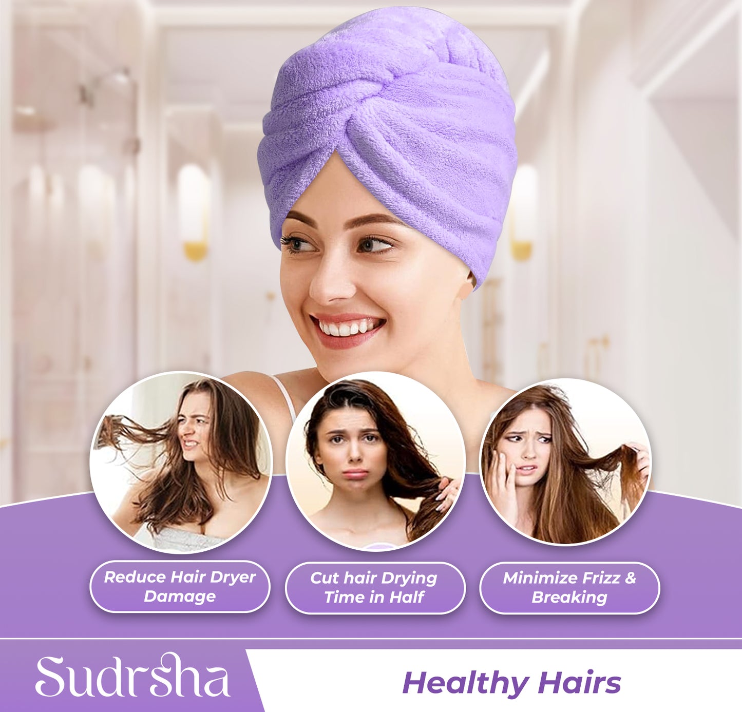 Sudrsha Microfiber (Purple)  Hair Towel Wrap for Women – Quick Drying, Super Absorbent with Elastic Loop