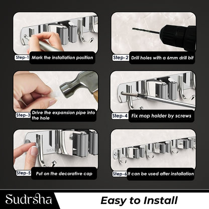 Screw Wall Mounted  3 Slot Stainless Steel Mop and Broom Holder, (3 racks and 3 Hooks) (Silver)