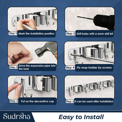 Screw Wall Mounted  5 Slot Stainless Steel Mop and Broom Holder (5 racks and 5 Hooks)  (Silver)