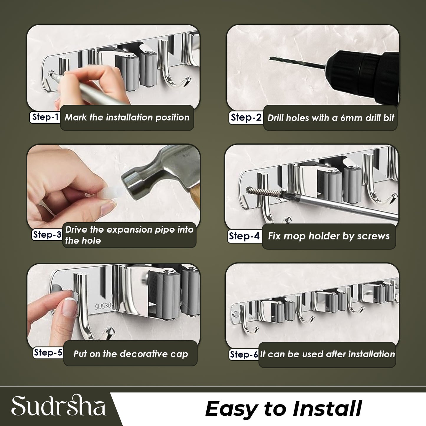 Screw Wall Mounted  2 Slot Stainless Steel Mop and Broom Holder, (2 racks and 2 Hooks) (Silver)