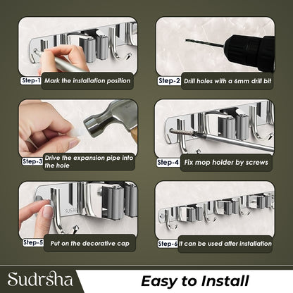 Screw Wall Mounted  2 Slot Stainless Steel Mop and Broom Holder, (2 racks and 2 Hooks) (Silver)