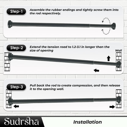 Sudrsha Stainless Steel Extendable Shower Grey Curtain Tension Rod – Non-Drilling, Anti-Skid Spring Pull Rod (85cm–140cm)