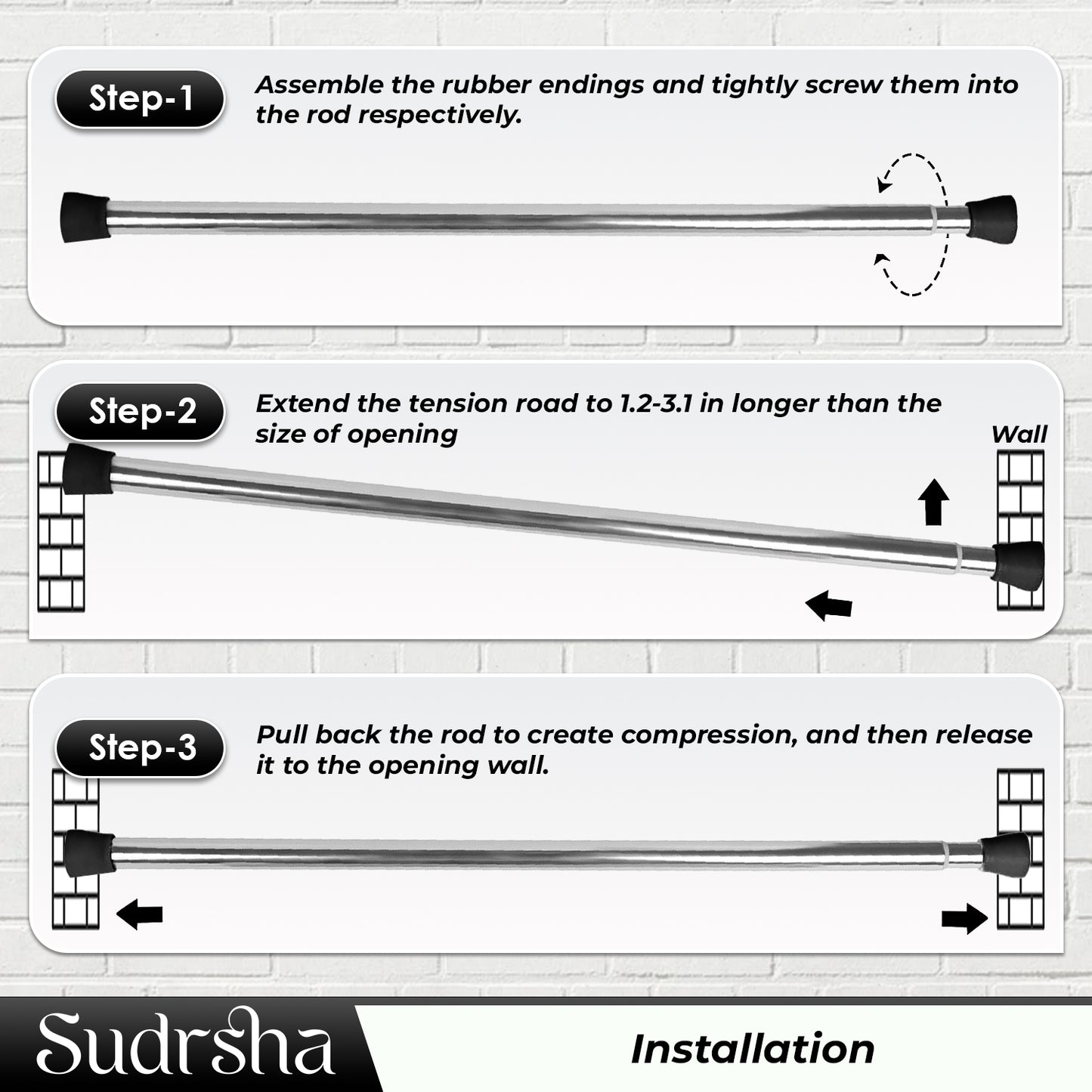 SUDRSHA (85Cm To 140Cm) Silver-Black Extendable Shower Curtain Tension Rod Non-Drilling Anti-Skid Spring Pull Rod -Stainless Steel