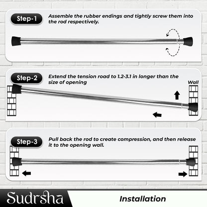 SUDRSHA (85Cm To 140Cm) Silver-Black Extendable Shower Curtain Tension Rod Non-Drilling Anti-Skid Spring Pull Rod -Stainless Steel