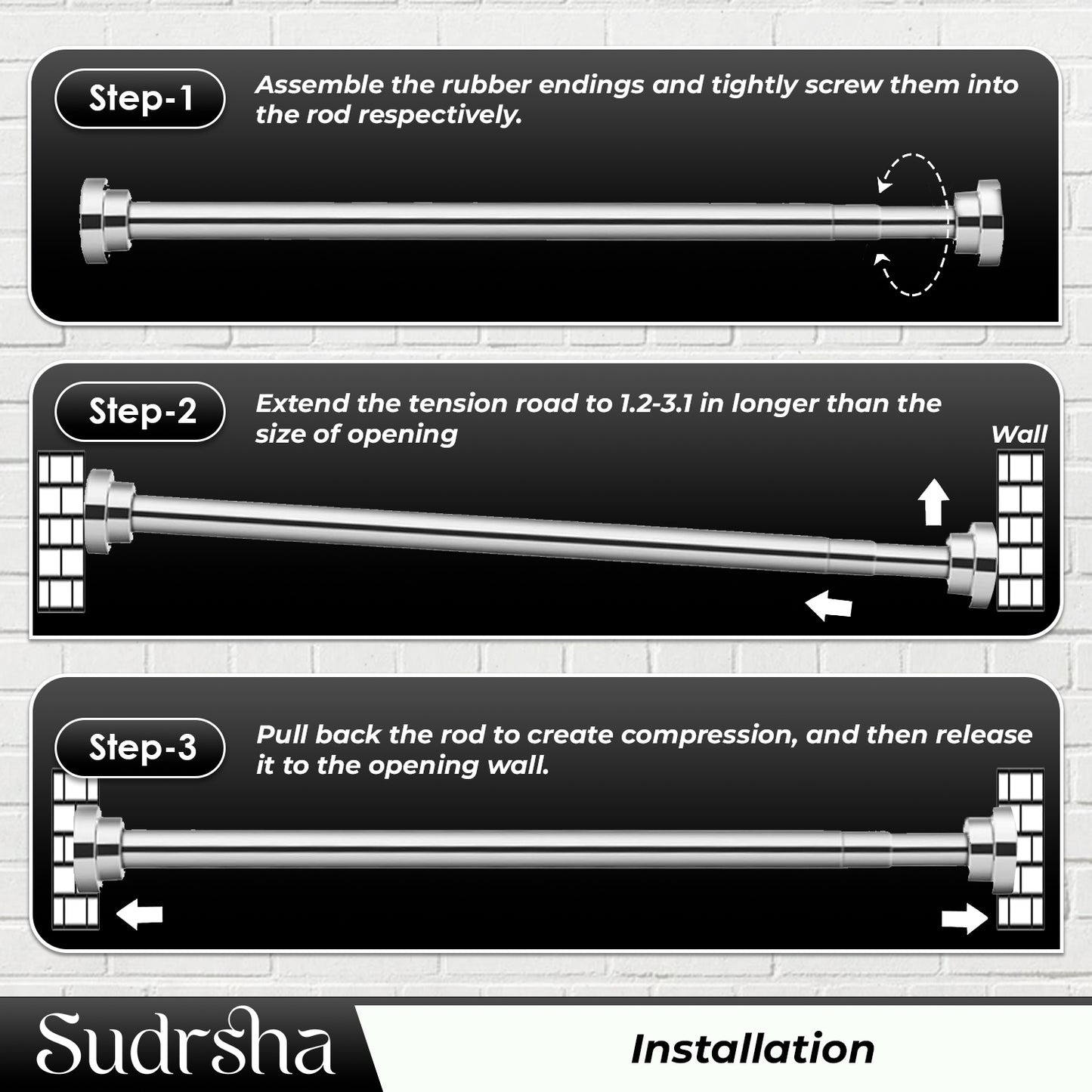 Sudrsha Stainless Steel Extendable Shower Silver Curtain Tension Rod – Non-Drilling, Anti-Skid Spring Pull Rod (85cm–140cm)