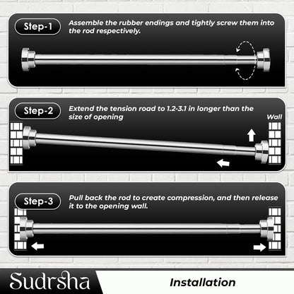 Sudrsha Stainless Steel Extendable Shower Silver Curtain Tension Rod – Non-Drilling, Anti-Skid Spring Pull Rod (85cm–140cm)