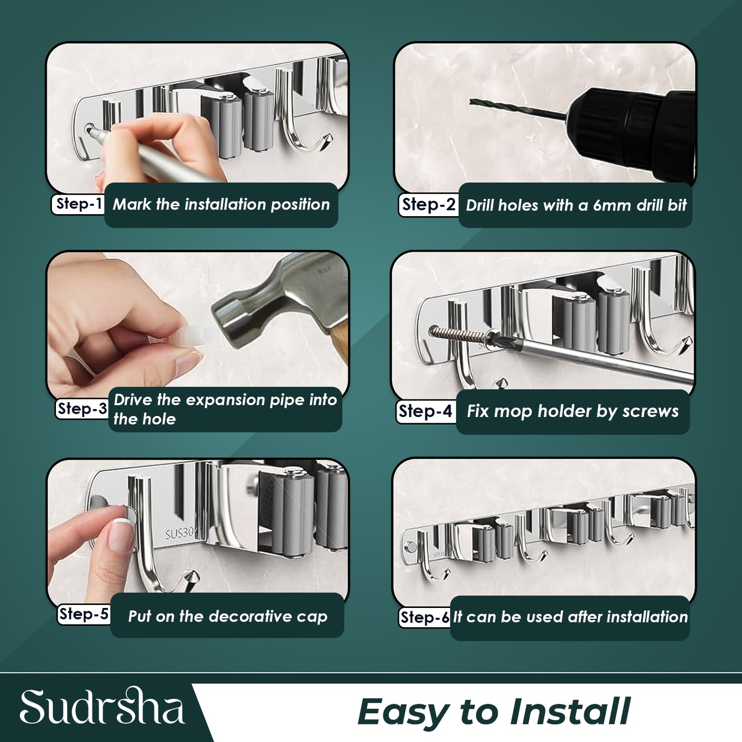 Screw Wall Mounted  4 Slot Stainless Steel Mop and Broom Holder, (4 racks and 4 Hooks) (Silver)