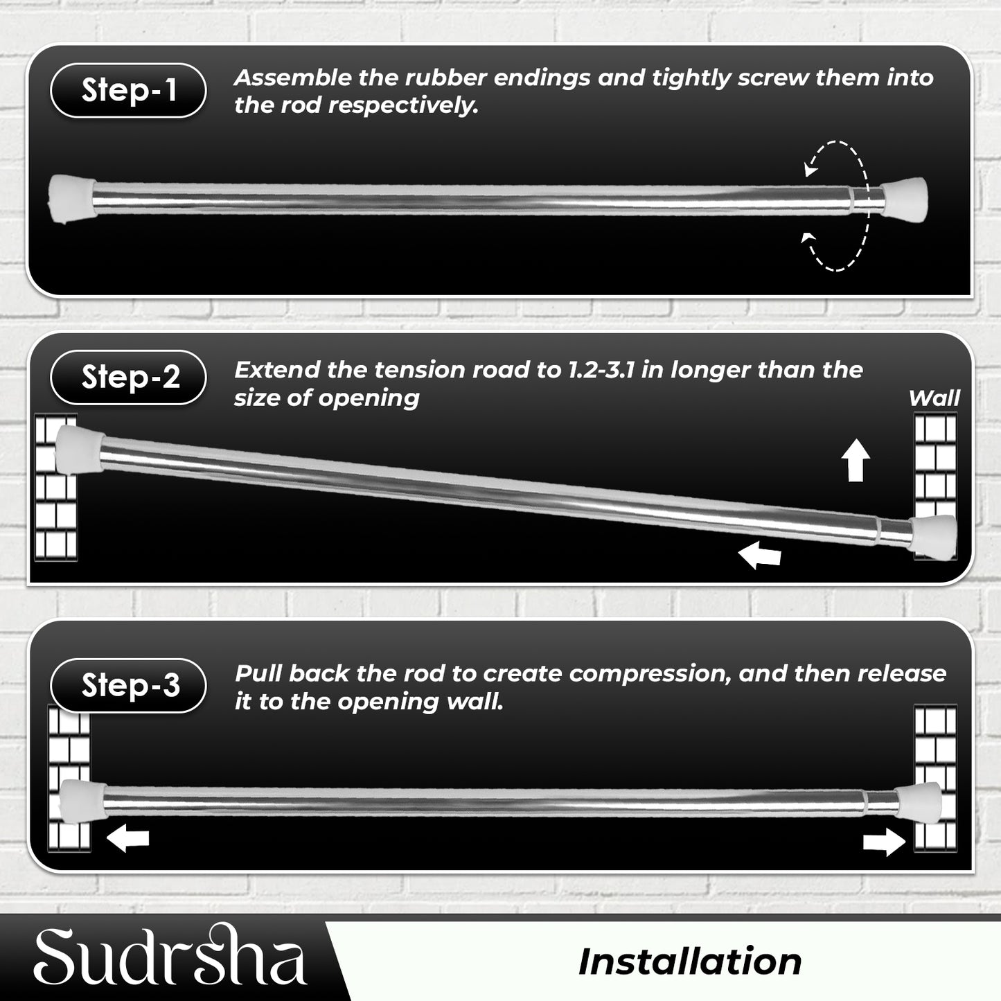SUDRSHA (85Cm To 140Cm) White-Silver Extendable Shower Curtain Tension Rod Non-Drilling Anti-Skid Spring Pull Rod -Stainless Steel
