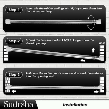 SUDRSHA (85Cm To 140Cm) White-Silver Extendable Shower Curtain Tension Rod Non-Drilling Anti-Skid Spring Pull Rod -Stainless Steel