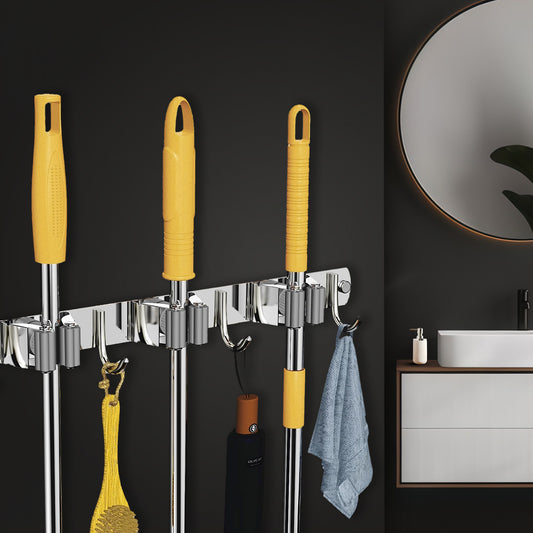Screw Wall Mounted  3 Slot Stainless Steel Mop and Broom Holder, (3 racks and 3 Hooks) (Silver)