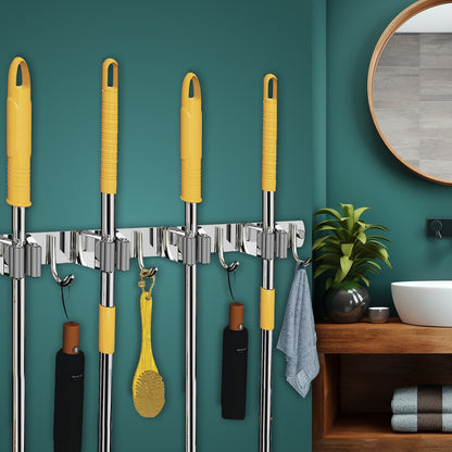 Screw Wall Mounted  4 Slot Stainless Steel Mop and Broom Holder, (4 racks and 4 Hooks) (Silver)
