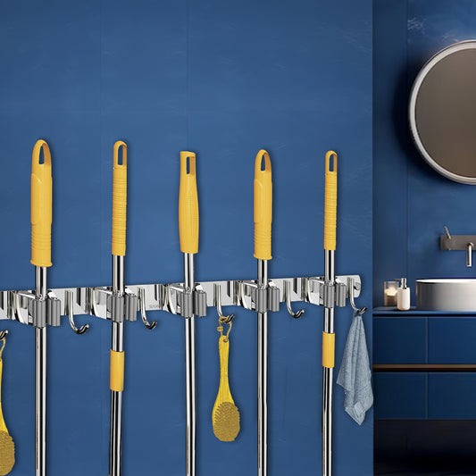 Screw Wall Mounted  5 Slot Stainless Steel Mop and Broom Holder (5 racks and 5 Hooks)  (Silver)