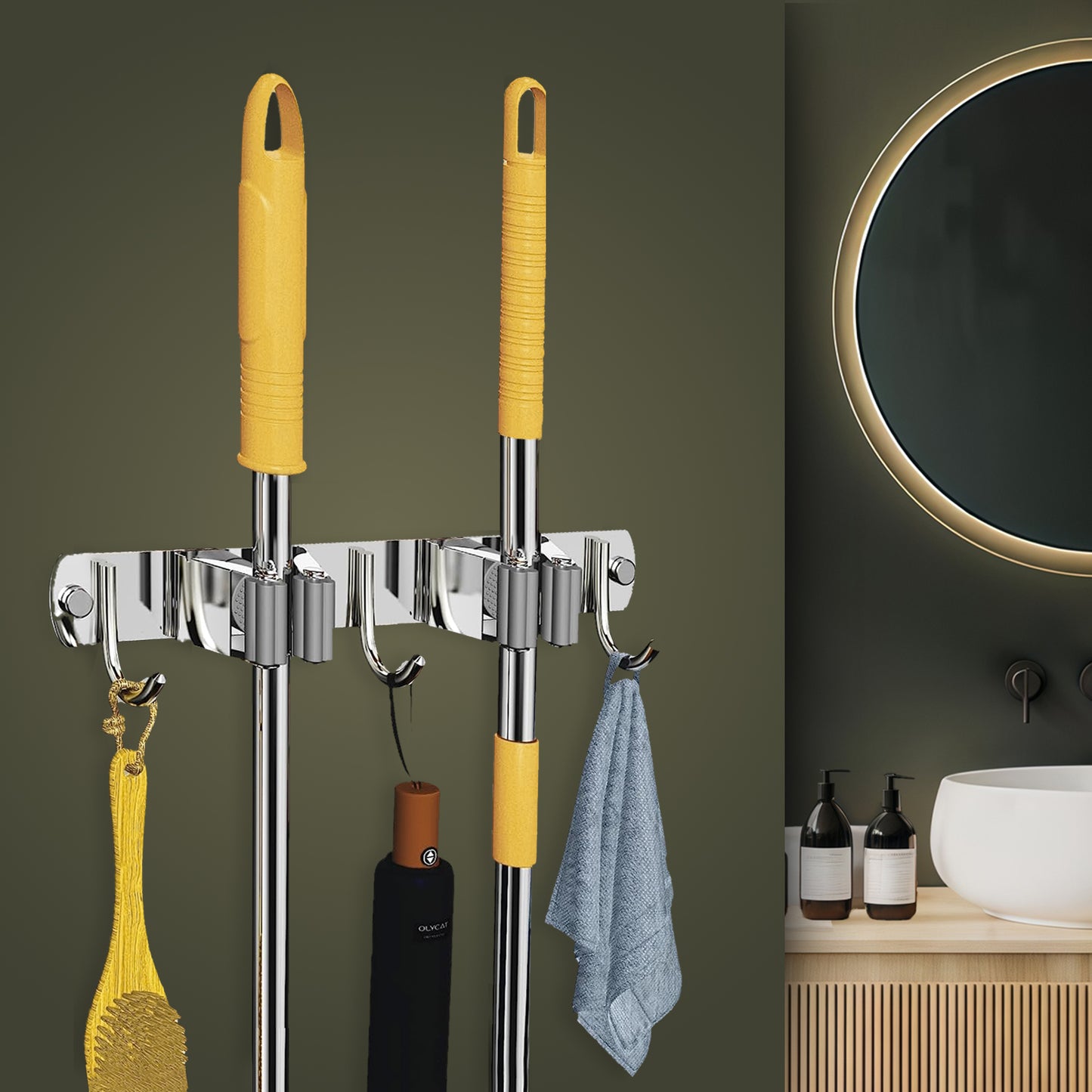 Screw Wall Mounted  2 Slot Stainless Steel Mop and Broom Holder, (2 racks and 2 Hooks) (Silver)