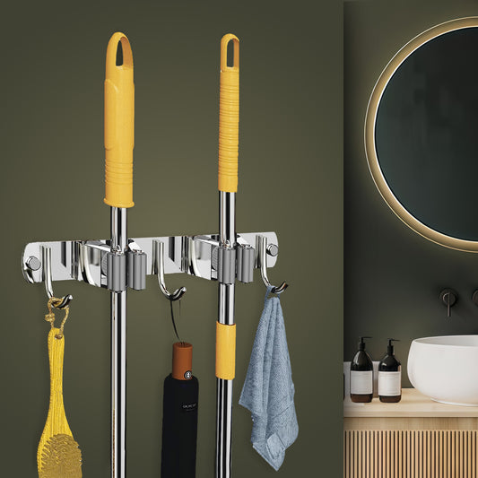 Screw Wall Mounted  2 Slot Stainless Steel Mop and Broom Holder, (2 racks and 2 Hooks) (Silver)