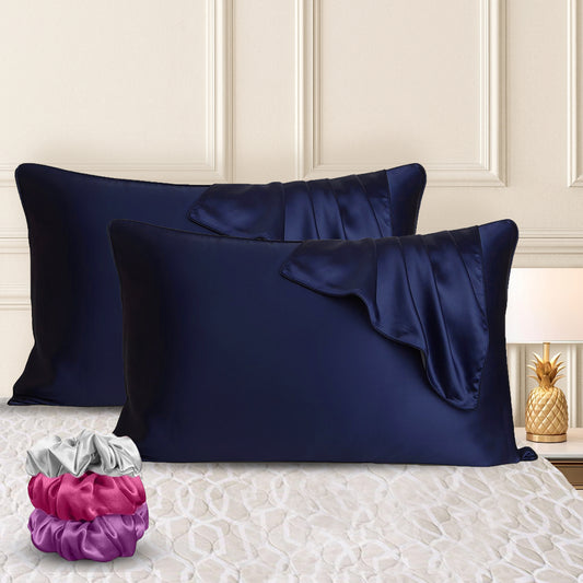 Sudrsha Solid 600 TC Satin Silk PillowCases (Navy)
