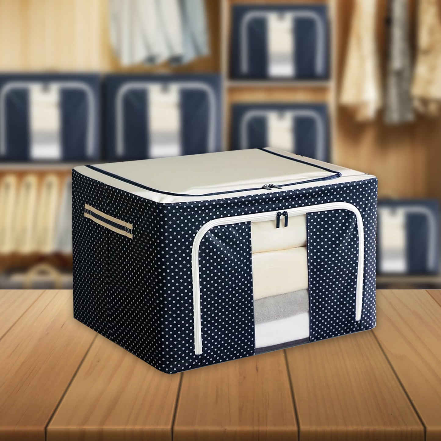 GRISHVA 66 Litters Double Sided Zipper Wardrobe Organizer with Durable Handle, Foldable Stuff Storage Box Closet Drawer Organizers for Clothes,Toys,Books,Blanket (Blue) 45 x 30 x 23 Cm