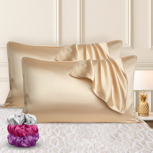 Sudrsha Solid 600 TC Satin Silk Pillowcases(Beige)