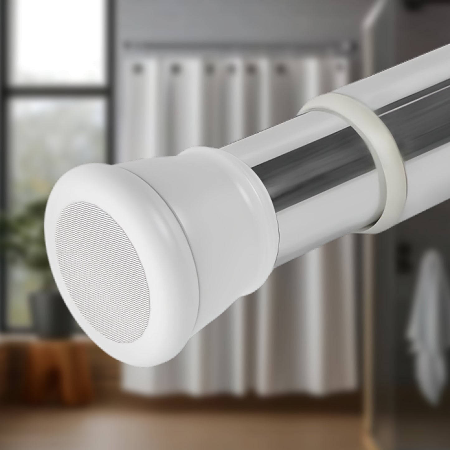 SUDRSHA (85Cm To 140Cm) White-Silver Extendable Shower Curtain Tension Rod Non-Drilling Anti-Skid Spring Pull Rod -Stainless Steel