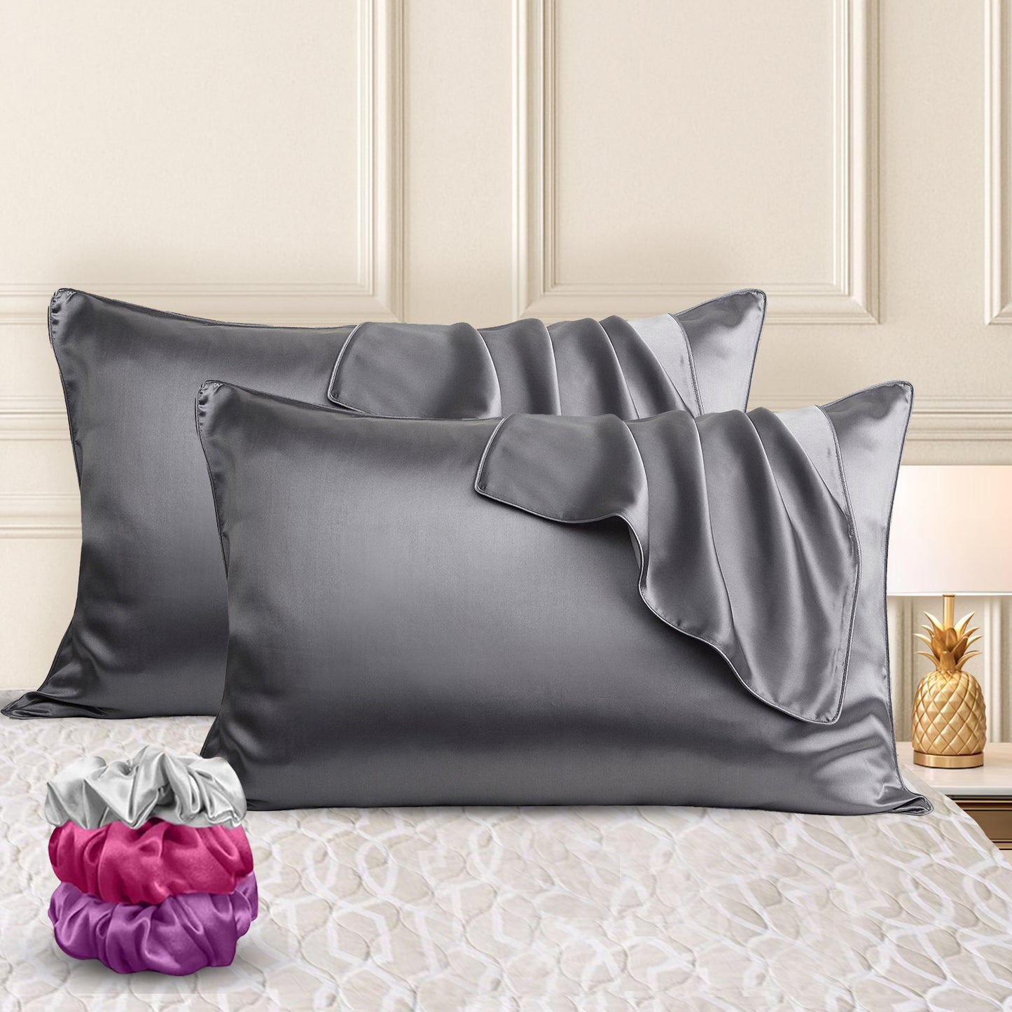 Sudrsha Solid 600 TC Satin Silk Pillowcases(Grey)
