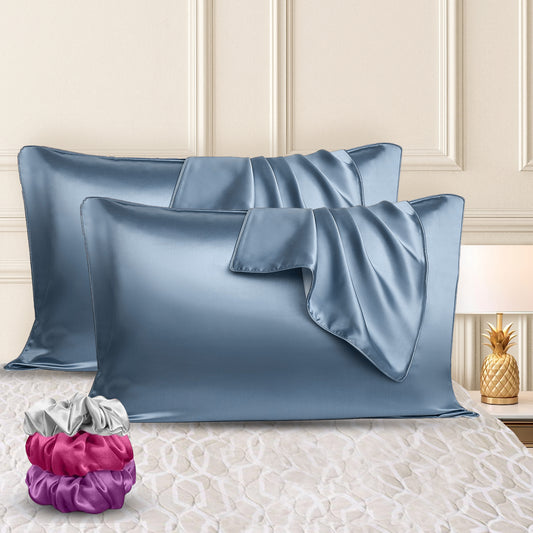 Sudrsha Solid 600 TC Satin Silk PillowCases (Stone Blue )