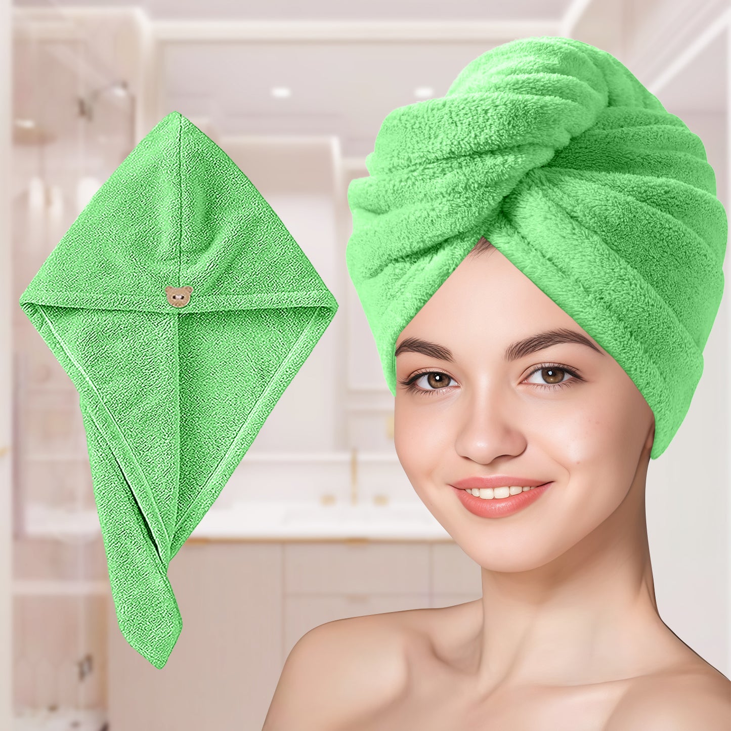 Sudrsha Microfiber (Green)  Hair Towel Wrap for Women – Quick Drying, Super Absorbent with Elastic Loop