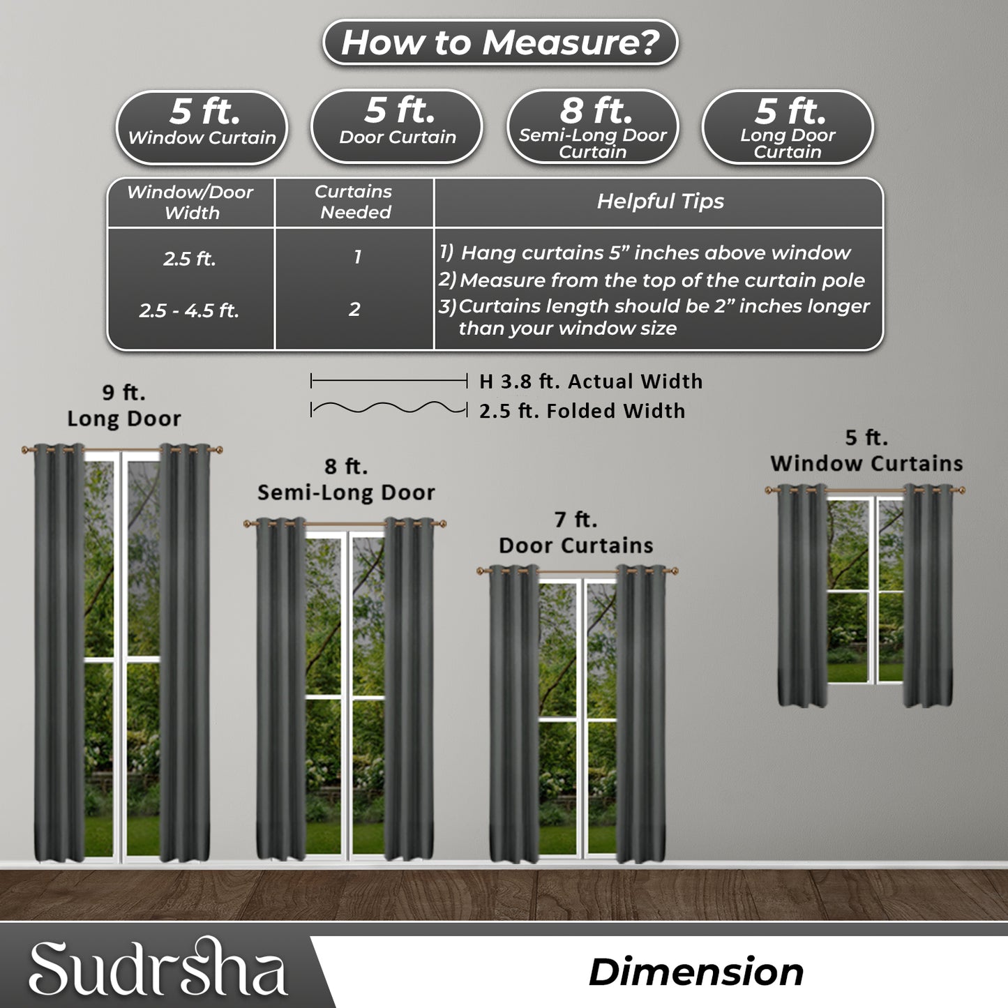 Sudrsha Blackout Long Door Curtain – 5 to 9 Feet | 90-95% Room Darkening, Thermal Insulated Plain Printed Curtain for Living Room & Bedroom(Grey)