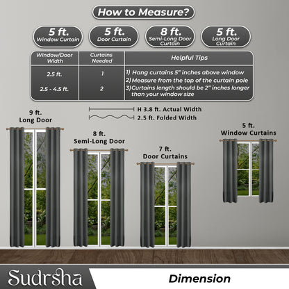 Sudrsha Blackout Long Door Curtain – 5 to 9 Feet | 90-95% Room Darkening, Thermal Insulated Plain Printed Curtain for Living Room & Bedroom(Grey)