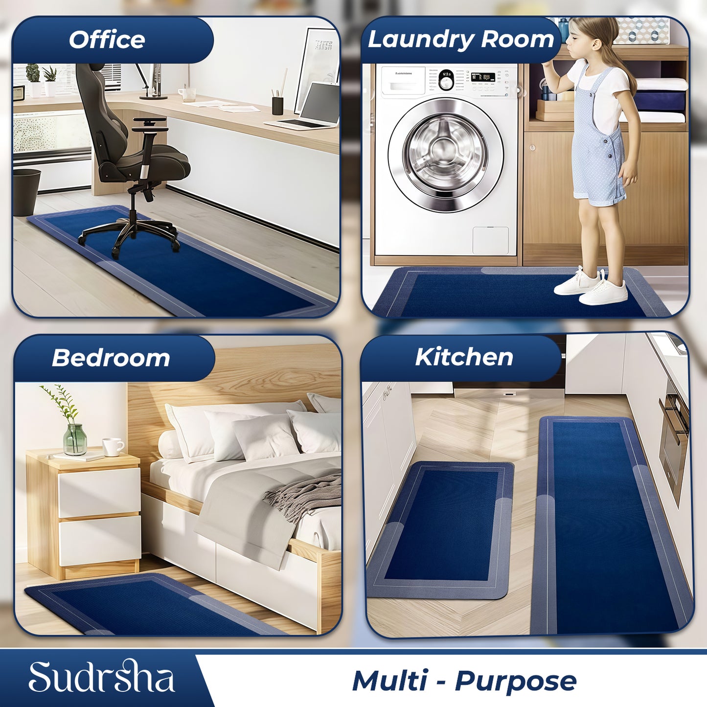 SUDRSHA Anti-Skid 3.5mm  | Water Absorbent Kitchen Mat Solid Blue